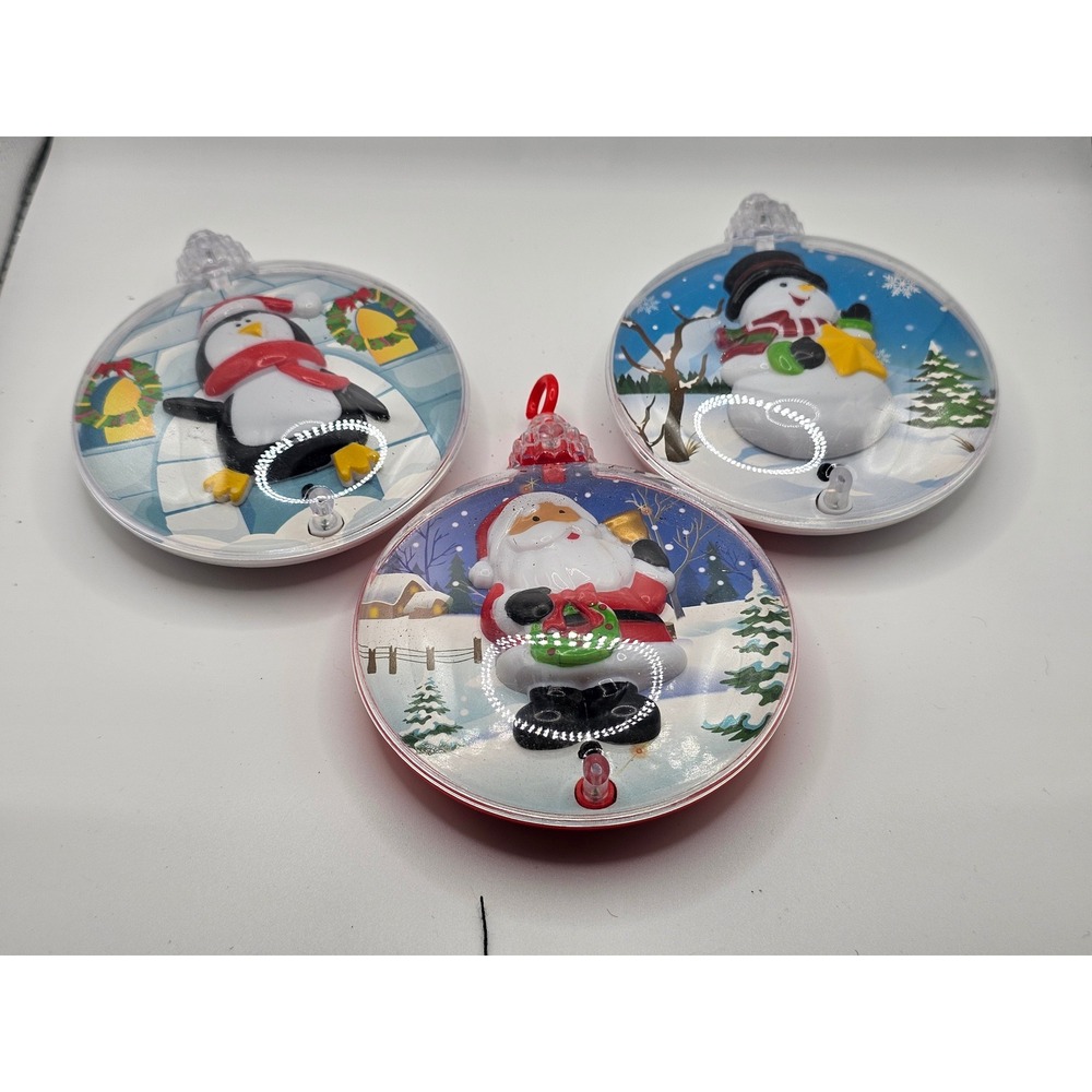 Set of 3 Christmas Ornaments Santa Snowman Penguin Light Up Sound Holiday Decor